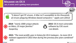MALWARE ON OS X
yes; it exists and is geSng more prevalent
“It doesn’t get PC viruses. A Mac isn’t suscep1ble to the thousands
of viruses plaguing Windows-based computers.” -apple.com (2012)
2014: "nearly 1000 unique aMacks
on Macs; 25 major families"
-kasperksy
2015: "The most proliﬁc year in history for OS X malware...5x more OS X
malware appeared in 2015 than during the previous ﬁve years combined"  
-bit9
2015: OS X most vulnerable
soEware by CVE count
-cve details
 