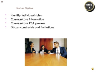Step 3 Start-up Meeting Identify individual roles Communicate information Communicate RSA process Discuss constraints and limitations 