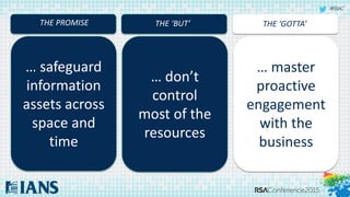 #RSAC
… safeguard
information
assets across
space and
time
THE PROMISE
… don’t
control
most of the
resources
THE ‘BUT’
… master
proactive
engagement
with the
business
THE ‘GOTTA’
 