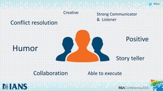 #RSAC
Creative Strong Communicator
& Listener
Positive
Story teller
Collaboration Able to execute
Humor
Conflict resolution
 