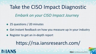 Take the CISO Impact Diagnostic
 25 questions / 20 minutes
 Get instant feedback on how you measure up in your industry
 Register to get an in-depth report
Embark on your CISO Impact Journey
https://rsa.iansresearch.com/
 