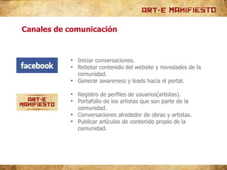 Iniciar conversaciones. Rebotar contenido del website y novedades de la comunidad. Generar awareness y leads hacia el portal. Registro de perfiles de usuarios(artistas). Portafolio de los artistas que son parte de la comunidad. Conversaciones alrededor de obras y artistas. Publicar artículos de contenido propio de la comunidad. C anales de comunicación 