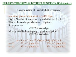 EULER’S THEOREM & TOTIENT FUNCTION Ø(n) (cont…)
(Generalization of Fermat’s Little Theorem)
In a more general sense what is (p-1)? Ø(p).
Ø(p) = Number of integers a < p such that (a, p) = 1.
This is obviously (p-1) because p is prime.
So we can say
akø(p)+1 ≡ a (mod p)
More generally, let n = p • q p prime, q prime.
akø(n)+1 ≡ a (mod n)
p = 3, q = 5, n = 15, Ø(n) = (3-1) • (5-1) = 8
a = 7:
78+1 = 7 (mod 15)
78k+1 = 7 (mod 15)
a = 5:
58+1 = 5 (mod 15)
58k+1 = 5 (mod 15)

 