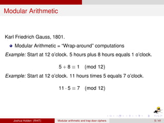 Modular Arithmetic and Trap Door Ciphers | PPT