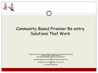 Community-Based Prisoner Re-entry
Solutions That Work
Project Re-entry is made possible through a partnership between the
Criminal Justice Department of
Northwest Piedmont Council of Governments
&
Goodwill Industries of Northwest North Carolina, Inc
&
ReDirections of Rockingham County, Inc
&
Tri County Industries
 