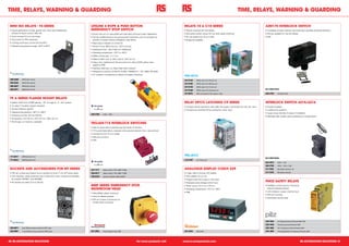 TIMe, ReLAYS, WARNING & GUARDING                                                                                                                                                                                                       TIMe, ReLAYS, WARNING & GUARDING

 MINI ISO ReLAYS - F4 SeRIeS                                                        LIFeLINe 4 ROPe & PUSH BUTTON                                                        ReLAYS 10 A C10 SeRIeS                                                               AZM170 INTeRLOCK SWITCH
 •	Typical applications include: ignition lock, lamp load (headlamps),              eMeRGeNCY STOP SWITCH                                                                •	Robust industrial terminal blades                                                  •	2 available actuator insertion slots allowing 4 possible actuating directions
   exhaust emission control, ABS, etc                                               •	Switch lock out on rope pulled and rope slack and push button depressed            •	Bifurcated contact version for low level signal switching                          •	M5 key available for manual release
 •	Quick connect 6,3 mm terminals                                                   •	Can be installed along or around awkward machinery such as conveyers to            •	Din rail socket only 16 mm wide                                                    •	IP67
 •	Dust cover for IP54 protection                                                     provide a constant access emergency stop facility                                  •	Bridge bar available
 •	Limiting continuous current 40 A at 85°C                                         •	Rope status indicator on switch lid
 •	Operating temperature range: -40°C to 85°C                                       •	Tension Force 188 N lock-out, 103 N running
                                                                                    •	Operating Force 125 N (300 mm Deflection)
                                                                                    •	Operating temperature -25°C to +80°C
                                                                                    •	Safety contact gap 2 x 2 mm
                                                                                    •	Rated at 500 V ac/1 A, 250 V ac/2 A, 100 V ac 5 A
                                                                                    •	Heavy duty weatherproof die-cast aluminium alloy (LM24) yellow case,
                                                                                      sealed to IP66
                                                                                    •	Stainless steel eye nut, Glass filled nylon indicator
                                                                                    •	Designed to conform to EN418, EN292, EN60947-5-1, ISO 13850, BS 5304
                                                                                    •	CE marked in compliance to relevant European Directives

 308-0598      SPCO 40 A 12 Vdc
                                                                                                                                                                         341-5146      SPCO relay 10 A 24 Vdc coil
 359-6302      SPCO 40 A 24 Vdc
                                                                                                                                                                         341-5180      SPCO relay 10 A 230 Vac coil
 308-0627      SPNO 40 A 24 Vdc
                                                                                                                                                                         341-5130      SPCO relay 10 A 12 Vdc coil
 308-0611      SPNO 40 A 12 Vdc
                                                                                                                                                                         341-5168      SPCO relay 10 A 24 Vac/dc coil

                                                                                                                                                                         341-6874      DIN rail socket for IR-C plug-in relay                                 300-4752      24 Vdc/ac 2NC


 T9 A SeRIeS FLANGe MOUNT ReLAYS
 •	Meets UL873 and UL508 spacing - 1/8" through air, ¼" over surface                                                                                                     ReLAY DPCO LATCHING C9 SeRIeS                                                        INTeRLOCK SWITCH AZ15/AZ16
 •	UL class F insulation system standard                                                                                                                                 •	Contacts remain latched on even after the supply is removed from the 'set' input   •	Double insulated
 •	Contact Material: AgCdO                                                                                                                                               •	Contacts are switched off by pulsing the 'reset' input                             •	3 cable entry positions
 •	Operating Temperature: -55°C to +85°C                                                                                                                                                                                                                      •	Large wiring chamber for ease of installation
                                                                                    226-3180      2 N/C 1 N/O
 •	Switching Current: 30 A at 250 Vac                                                                                                                                                                                                                         •	Patented roller system giving resistance to contaminants
 •	Dimensions: H27 94 mm, W27 43 mm, D50, 29 mm
                  ,          ,
 •	T9 AS type is immersion washable
                                                                                    TROJAN T15 INTeRLOCK SWITCHeS
                                                                                    •	Ideal for guard doors experiencing high levels of vibration
                                                                                    •	T15 swivel head allows 4 actuator entry position options: front, rear and end
                                                                                    •	Compact at only 75 mm length
                                                                                    •	30N lock-out force
                                                                                    •	IP67




 171-9317      SPST-NO 30 A 12 V

 171-9323      SPST-NO 30 A 24 V                                                                                                                                         213-0787      5 A 12 Vdc coil
                                                                                                                                                                                                                                                              623-2972      AZ15 - 1 NC

                                                                                                                                                                                                                                                              362-2782      AZ16 - 1 NO + 2 NC

 SOCKeTS AND ACCeSSORIeS FOR MT SeRIeS                                              427-1177      Safety switch 2 NC, 440K-T11303
                                                                                                                                                                         ANALOGUe DISPLAY CODIX 529                                                           211-1562      B2 switch actuator, 15°

 •	DIN rail, surface and chassis mount sockets for 8 and 11 pin MT series relays    426-4517      Safety switch 1 NC, 440K-T11305                                        •	5 digit, high luminosity LED display                                               211-1578      B3 switch actuator

 •	LED indication, diode protection and multifunction timer modules are available   193-0479      Actuator flexible, 440K-A27010                                         •	With adaptor for cut out
   for sockets 329-9871 and 329-9887                                                                                                                                     •	Programmed with 2 keys in front face
 •	All sockets are rated 10 A at 240 Vac                                                                                                                                 •	Displayed value storage control input
                                                                                                                                                                                                                                                              PNOZ SAFeTY ReLAYS
                                                                                    800F SeRIeS eMeRGeNCY STOP,                                                          •	Panel cut-out: 22,2 mm x 45 mm                                                     •	Feedback control loop for monitoring
                                                                                    MUSHROOM HeAD                                                                        •	Operating temperature: -10°C to +50°C                                                external relays/contactors
                                                                                                                                                                         •	IP65                                                                               •	LED indication: power, channel input
                                                                                    •	Yellow/Black plastic enclosure
                                                                                                                                                                                                                                                              •	DIN rail mounting
                                                                                    •	Twist to release operator
                                                                                                                                                                                                                                                              •	Monitored manual reset
                                                                                    •	DIN rail in base of enclosure for
                                                                                      contact block mounting




                                                                                                                                                                                                                                                              239-1033      X1 Single Channel 24 Vac/dc 3NO 1NC

                                                                                                                                                                                                                                                              239-1049      X2 Dual channel 24 Vac/dc 2NO

 329-9871      8 pin DIN & surface socket for MT2 relay                                                                                                                                                                                                       239-1055      X2.1 Emergency Stop 24 Vac/dc 2NO

 329-9887      11 pin DIN & surface socket for MT3 relay                            627-3563      Twist-release E-stop 2NC                                               261-3204      529 Codix                                                              245-1905      XV2 Adjustable Time Delayed 24 Vac/dc 2NO




40 RS AUTOMATION SOLUTIONS                                                                                                                    For more products visit   www.rs-components.com                                                                                                           RS AUTOMATION SOLUTIONS 41
 