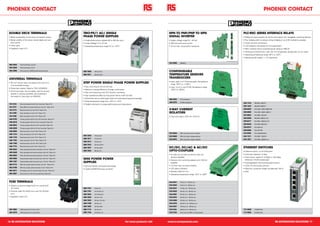 PHOeNIX CONTACT                                                                                                                                                                                                                               PHOeNIX CONTACT



 DOUBLe DeCK TeRMINALS                                                       TRIO-PS/1 AC/ SINGLe                                                             NPN TO PNP/PNP TO NPN                              PLC-RSC SeRIeS INTeRFACe ReLAYS
 •	Better accessibility to the lower connection screws                       PHASe POWeR SUPPLIeS                                                             SIGNAL INVeRTeR                                    •	Relays and opto-couplers for inputs and outputs with "pluggable" switching devices
 •	Better visibility of the lower marker labels and wire                     •	Single-phase power supplies 85 to 264 Vac input                                •	Supply voltage range 20 – 30 Vdc                 •	Four bridging slots to reduce wiring; bridging of up to 80 modules is possible
   entry points                                                              •	Output Voltage 12 or 24 Vdc                                                    •	200 mA continuous current                        •	Screw terminal connections
 •	Colour grey                                                               •	Operating temperature range 0°C to +70°C                                       •	15 khz max. transmission frequency               •	LED indicators and diodes for coil suppression
 •	Supplied in pack of 5                                                                                                                                                                                         •	250 V versions have a switched power rating of 1500 VA
                                                                                                                                                                                                                 •	Dimensions (WxDxH) 6,2 x 80 x 94 mm (Single pole, double pole 14 mm wide)
                                                                                                                                                                                                                 •	Operating temperature range -40°C to +55°C
                                                                                                                                                                                                                                                  7
                                                                                                                                                                                                                 •	Mechanical life (relays) 1 x 10 operations

                                                                                                                                                              532-9980      2964319
 463-3834        Terminal block, 2,5.mm
                                                 2




 463-3840        Terminal block, 4 mm    2




 463-3856        End cover for UKKB double deck terminal
                                                                             665-7908      24 Vdc 10 A                                                        CONFIGURABLe
                                                                             665-7911      24 Vdc 2,5 A                                                       TeMPeRATURe SeNSORS
 UNIVeRSAL TeRMINALS                                                                                                                                          TRANSDUCeRS
                                                                                                                                                              •	Input, type J or K Thermocouples. Temperature
 •	35 mm² version does not require end cover as it                           STeP POWeR SINGLe PHASe POWeR SUPPLIeS                                             range -150°C to +1200°C
   is an enclosed housing
                                                                             •	Easy mounting on the rail and wall                                             •	Input, 2,3 or 4 wire PT100. Temperature range
 •	Polyamide material. Rated to 750 V (EN50019)
                                                                             •	Maximum energy efficiency through small losses                                   -150°C to +850°C
 •	All the terminals, the end plates, and the rail end
                                                                             •	Fast commissioning with LED function monitoring
   bracket, in varying quantities, are contained in
   the boxed kit. See stock no 458-0819                                      •	High operational safety by long power failure under full load
                                                                             •	Worldwide use by wide-range intake and international approval package          489-2853      T/C transducer
                                                                             •	Wide temperature range from -25°C to +70°C
                                                                                                                                                              489-2875      PT100 transducer                     290-1416      REL-MR- 24DC/21
 101-2723                                            2
                 Rail end bracket for 35 mm terminal Pack of 10              •	Parallel switched to increase performance and redundancy
                                                                                                                                                                                                                 290-1422      REL-MR- 60DC/21
 101-2751        Grey DIN rail contact terminal, 2,5 mm Pack of 10
                                                                     2




 101-2773                                 2
                 Blue terminal, 2,5 mm 24 A Pack of 10                                                                                                        3-WAY CURReNT                                      306-6536      PLC-OSC- 24DC/ 48DC/100

 101-2789                            2
                 Grey terminal, 4 mm 41 A Pack of 10                                                                                                          ISOLATORS                                          306-6558      PLC-OSC- 24DC/ 24DC/ 2

                                                                                                                                                                                                                 352-8832      PLC-RSC- 24UC/21
 101-2795        Blue terminal, 4 mm2 41 A Pack of 10                                                                                                         •	Input and output, 0-20 mA, 4-20 mA
                                                                                                                                                                                                                 358-8288      REL-MR- 24DC/21 AU
 446-0793                                                    2
                 10 way jumper link for 2,5 mm terminal Pack of 5
                                                                                                                                                                                                                 358-8317      PLC-RSC- 24DC/21 AU
 446-0816                                                2
                 10 way jumper link for 4 mm terminal Pack of 5
                                                                                                                                                                                                                 358-8339      PLC-RSC-230UC/21
 446-0822                                                2
                 10 way jumper link for 6 mm terminal Pack of 5
                                                                                                                                                                                                                 358-8373      PLC-ESK GY
 446-0838        10 way jumper link for 10 mm2 terminal Pack of 5
                                                                                                                                                                                                                 358-8389      PLC-ATP BK
 446-0850        Blue terminal, 10 mm2 76 A Pack of 10
                                                                                                                                                              532-9946      DIN rail 3-way current isolator      410-8035      PLC-V8/D15S/OUT
 446-1724                            2
                 Grey terminal, 6 mm 57 A Pack of 10
                                                                             665-7826      5 Vdc 6,5 A                                                        532-9968      DIN rail 3-way voltage isolator      434-1311      PLC-RSC- 12DC/21
 446-1730                             2
                 Earth terminal, 6 mm 57 A Pack of 10
                                                                             665-7817      12 Vdc 5 A                                                         532-9974      DIN rail power supply repeater       434-1327      PLC-RSC- 24DC/21-21
 446-1746                                 2
                 Grey terminal, 10 mm 76 A Pack of 10
                                                                             665-7813      15 Vdc 4 A
 446-1768                                    2
                 Earth terminal, 10 mm 76 A Pack of 10
                                                                             665-7810      24 Vdc 0,75 A
 446-1774        Blue terminal, 6 mm2 57 A Pack of 10
                                                                             665-7807      24 Vdc 3,8 A                                                       DC/DC, DC/AC & AC/DC                               eTHeRNeT SWITCHeS
 458-0932
                                                                                                                                                              OPTO-COUPLeRS
                                                                         2
                 Grey standard terminal connector, 16 mm Pack of 5
                                                                             665-7804      48 Vdc 2 A                                                                                                            •	Ethernet switch, 5 or 8 RJ45 ports
 458-0948        Grey standard terminal connector, 35 mm Pack of 5       2



                                                                                                                                                              •	dc in/dc out, dc in/ac out and ac in/dc out      •	Automatic detection of data
 458-0954        Grey UK series terminal endcover, 16 mm Pack of 5       2


                                                                                                                                                                versions available                               •	Transmission speed of 10 Mbps or 100 Mbps
 458-0960        Green/yellow earth terminal conn, 35 mm Pack of 5       2
                                                                             MINI POWeR POWeR                                                                 •	Versions with switching speeds up to 100 khz       (Ethernet in RJ45 twisted pair)
 458-1367        Green/yellow earth terminal conn, 16 mm2 Pack of 5
                                                                             SUPPLIeS                                                                           available                                        •	Autonegotiation and autocrossing functions
 462-9172        DIN rail contact earth terminal, 2,5 mm2 Pack of 10
                                                                             •	Service Friendly connection technology                                         •	2,5 kVac input to output isolation               •	LEDs: link and activity per port
 462-9188        DIN rail contact earth terminal, 4 mm Pack of 102

                                                                             •	Coded COMBICON plug connector                                                  •	LED status indication                            •	Maximum conductor length (twisted pair) 100 m
 484-3671        End plate cover for UK terminal, 2,5 mm2 Pack of 5
                                                                                                                                                              •	Module width 6,2 mm                              •	IP20
 484-3687        End cover for 4-10 mm sq, terminal Pack of 5
                                                                                                                                                              •	Operating temperature range: -20°C to +60°C



 FUSe TeRMINALS                                                                                                                                               533-0047      5 Vdc in 3 - 30 Vdc out

 •	Options to accommodate 5x20 mm and 6,3x32                                                                                                                  533-0003      5 Vdc in 5 - 30 Vdc out

   mm fuses                                                                  665-7797      5 Vdc 3 A                                                          533-0031      12 Vdc in 3 - 30 Vdc out
 •	Terminal width 8,2 (5x20 mm), and 10,2 (6,3x32                            665-7781      10-15 Vdc 2 A                                                      533-0025      24 Vdc in 3 - 30 Vdc out
   mm)                                                                       665-7902      10-15 Vdc 8 A                                                      533-0081      24 Vdc in 3 - 48 Vdc out
 •	Supplied in pack of 5                                                     665-7829      24 Vdc 1.5 A                                                       533-0019      24 Vdc in 5 - 30 Vdc out

                                                                             665-7845      24 Vdc 1.5 A EX                                                    533-0069      24 Vdc in 5 - 30 Vdc out

                                                                             665-7788      24 Vdc 2 A                                                         533-0075      24 Vdc in 10 - 253 Vac out

                                                                             665-7905      24 Vdc 3.8 A                                                       533-0097      120 Vac in 3 - 48 Vdc out

 463-3862        UKN series 5 mm fuse 6,3 A                                  665-7772      24 Vdc 4 A                                                         533-0104      240 Vac in 3 - 48 Vdc out            712-4046      5 RJ45 Ports

 463-3878        UKN series 6,3 mm fuse 25 A                                 665-7784      2x15 Vdc 1 A                                                       533-0126      End cover for DIN rail optocoupler   712-4049      8 RJ45 Ports




16 RS AUTOMATION SOLUTIONS                                                                                                         For more products visit   www.rs-components.com                                                                       RS AUTOMATION SOLUTIONS 17
 