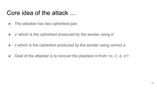Core idea of the attack …
● The attacker has two ciphertext pair:
● c' which is the ciphertext produced by the sender using e'
● c which is the ciphertext produced by the sender using correct e
● Goal of the attacker is to recover the plaintext m from <c, c', e, e'>
15
 