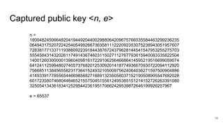 Captured public key <n, e>
19
n =
18004824506648204194492044002988064209675766035584463299236235
06494317520722425405499266736358111222092353075238943051957607
72838177133711938809223918443876724379628144541547953255275703
55545843143202611749143674603115027112767793615940083335822504
14001260300000139604098161722910625646686414595219516699059074
64124112599480274057376820125309201418774936670930722094112920
75668511384565582317364152493210500975624064036271597500904886
41493391778556544669856827168913235058037152190508905547682028
60172358074680448465215575045155812495385151214152726263391080
32505413436163412529544236195170662429539872646199926257967
e = 65537
 