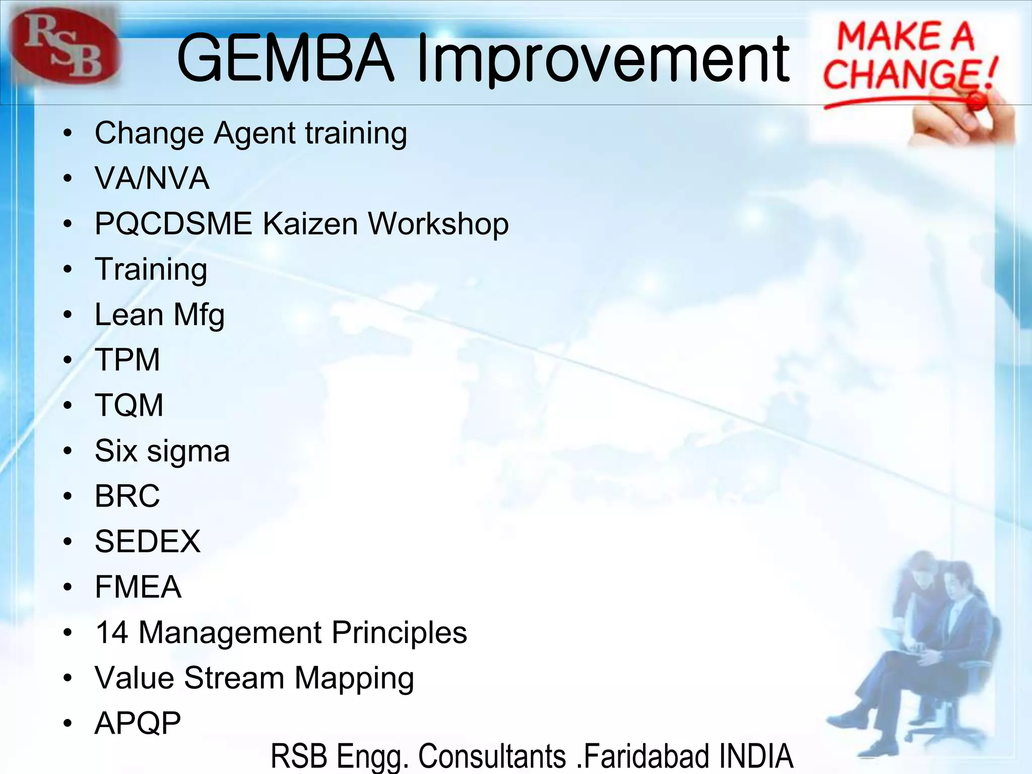 RSB Engg. Consultants .Faridabad INDIA
GEMBA Improvement
• Change Agent training
• VA/NVA
• PQCDSME Kaizen Workshop
• Training
• Lean Mfg
• TPM
• TQM
• Six sigma
• BRC
• SEDEX
• FMEA
• 14 Management Principles
• Value Stream Mapping
• APQP
 