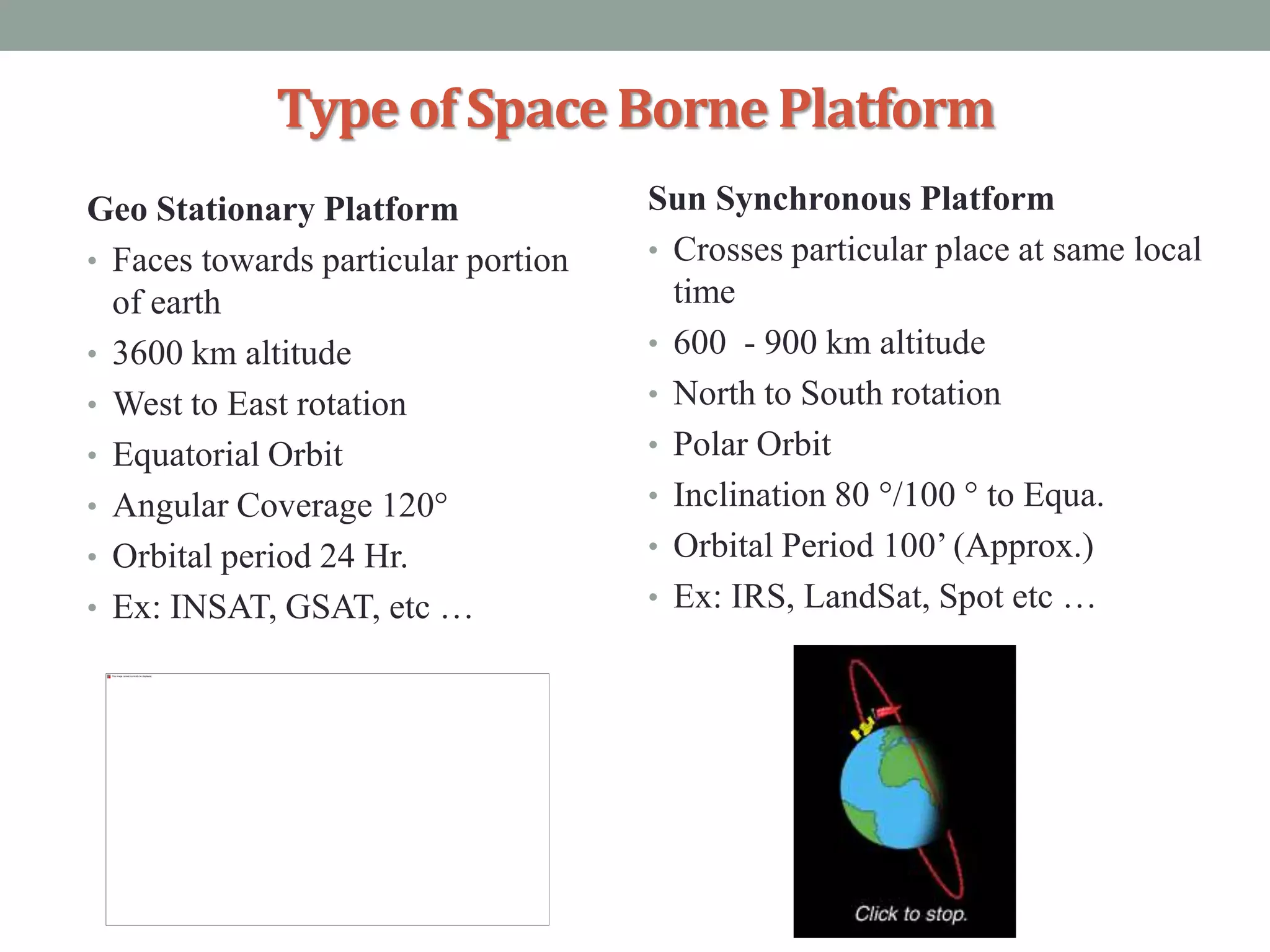 Type of SpaceBorne Platform
Geo Stationary Platform
• Faces towards particular portion
of earth
• 3600 km altitude
• West to East rotation
• Equatorial Orbit
• Angular Coverage 120°
• Orbital period 24 Hr.
• Ex: INSAT, GSAT, etc …
Sun Synchronous Platform
• Crosses particular place at same local
time
• 600 - 900 km altitude
• North to South rotation
• Polar Orbit
• Inclination 80 °/100 ° to Equa.
• Orbital Period 100’ (Approx.)
• Ex: IRS, LandSat, Spot etc …
 