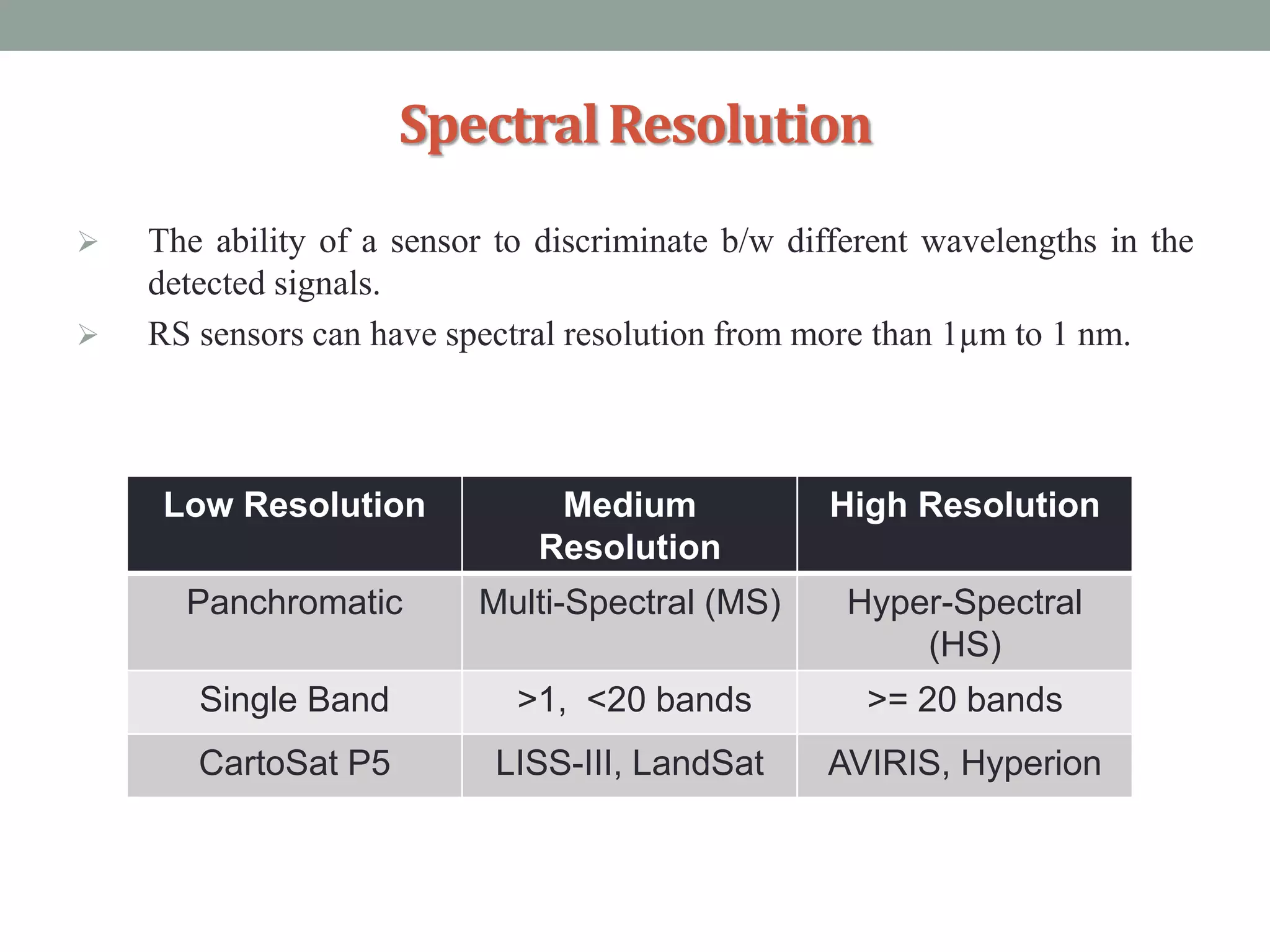 SpectralResolution
 The ability of a sensor to discriminate b/w different wavelengths in the
detected signals.
 RS sensors can have spectral resolution from more than 1µm to 1 nm.
Low Resolution Medium
Resolution
High Resolution
Panchromatic Multi-Spectral (MS) Hyper-Spectral
(HS)
Single Band >1, <20 bands >= 20 bands
CartoSat P5 LISS-III, LandSat AVIRIS, Hyperion
 