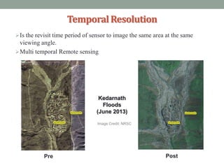TemporalResolution
Is the revisit time period of sensor to image the same area at the same
viewing angle.
Multi temporal Remote sensing
Kedarnath
Floods
(June 2013)
Pre Post
Image Credit: NRSC
 