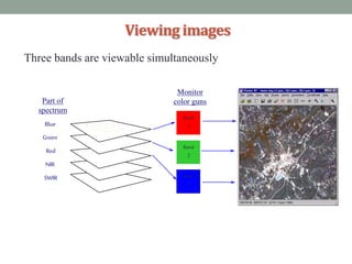 Blue
Green
Red
NIR
SWIR
Part of
spectrum
Monitor
color guns
Viewing images
Three bands are viewable simultaneously
Band
4
Band
3
Band
2
Band
4
Band
5
Band
3
Band
1
Band
2
Band
3
 