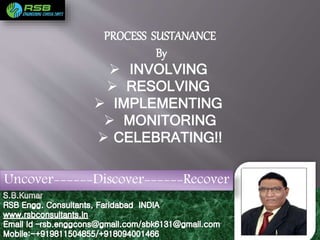 Uncover------Discover------Recover
PROCESS SUSTANANCE
By
 INVOLVING
 RESOLVING
 IMPLEMENTING
 MONITORING
 CELEBRATING!!
 