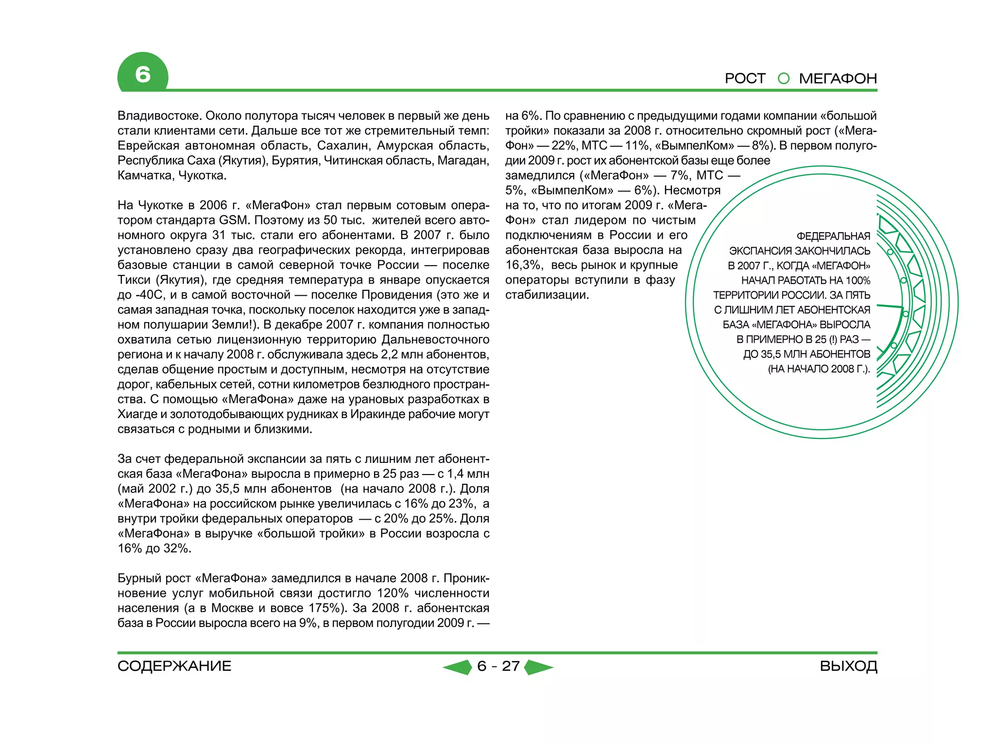 6                                                                                                   РОСТ        МЕГАФОН

Владивостоке. Около полутора тысяч человек в первый же день       на 6%. По сравнению с предыдущими годами компании «большой
стали клиентами сети. Дальше все тот же стремительный темп:       тройки» показали за 2008 г. относительно скромный рост («Мега-
Еврейская автономная область, Сахалин, Амурская область,          Фон» — 22%, МТС — 11%, «ВымпелКом» — 8%). В первом полуго-
Республика Саха (Якутия), Бурятия, Читинская область, Магадан,    дии 2009 г. рост их абонентской базы еще более
Камчатка, Чукотка.                                                замедлился («МегаФон» — 7%, МТС —
                                                                  5%, «ВымпелКом» — 6%). Несмотря
На Чукотке в 2006 г. «МегаФон» стал первым сотовым опера-         на то, что по итогам 2009 г. «Мега-
тором стандарта GSM. Поэтому из 50 тыс. жителей всего авто-       Фон» стал лидером по чистым
номного округа 31 тыс. стали его абонентами. В 2007 г. было       подключениям в России и его
установлено сразу два географических рекорда, интегрировав        абонентская база выросла на
базовые станции в самой северной точке России — поселке           16,3%, весь рынок и крупные
Тикси (Якутия), где средняя температура в январе опускается       операторы вступили в фазу
до -40С, и в самой восточной — поселке Провидения (это же и       стабилизации.
самая западная точка, поскольку поселок находится уже в запад-
ном полушарии Земли!). В декабре 2007 г. компания полностью
охватила сетью лицензионную территорию Дальневосточного
региона и к началу 2008 г. обслуживала здесь 2,2 млн абонентов,
сделав общение простым и доступным, несмотря на отсутствие
дорог, кабельных сетей, сотни километров безлюдного простран-
ства. С помощью «МегаФона» даже на урановых разработках в
Хиагде и золотодобывающих рудниках в Иракинде рабочие могут
связаться с родными и близкими.

За счет федеральной экспансии за пять с лишним лет абонент-
ская база «МегаФона» выросла в примерно в 25 раз — с 1,4 млн
(май 2002 г.) до 35,5 млн абонентов (на начало 2008 г.). Доля
«МегаФона» на российском рынке увеличилась с 16% до 23%, а
внутри тройки федеральных операторов — с 20% до 25%. Доля
«МегаФона» в выручке «большой тройки» в России возросла с
16% до 32%.

Бурный рост «МегаФона» замедлился в начале 2008 г. Проник-
новение услуг мобильной связи достигло 120% численности
населения (а в Москве и вовсе 175%). За 2008 г. абонентская
база в России выросла всего на 9%, в первом полугодии 2009 г. —


содержание                                                  6 - 27                                                    Выход
 