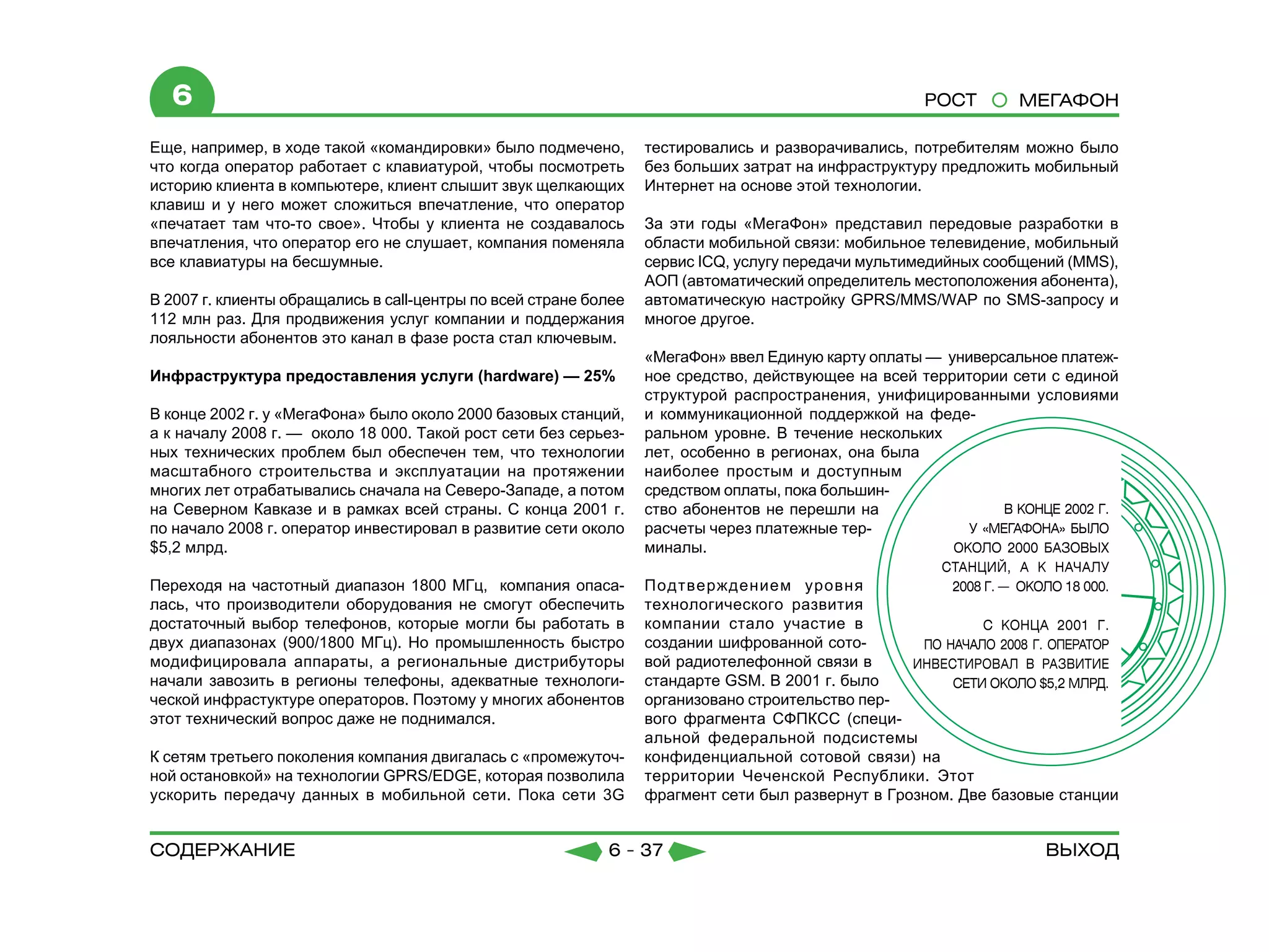 6                                                                                                 РОСТ        МЕГАФОН

Еще, например, в ходе такой «командировки» было подмечено,        тестировались и разворачивались, потребителям можно было
что когда оператор работает с клавиатурой, чтобы посмотреть       без больших затрат на инфраструктуру предложить мобильный
историю клиента в компьютере, клиент слышит звук щелкающих        Интернет на основе этой технологии.
клавиш и у него может сложиться впечатление, что оператор
«печатает там что-то свое». Чтобы у клиента не создавалось        За эти годы «МегаФон» представил передовые разработки в
впечатления, что оператор его не слушает, компания поменяла       области мобильной связи: мобильное телевидение, мобильный
все клавиатуры на бесшумные.                                      сервис ICQ, услугу передачи мультимедийных сообщений (MMS),
                                                                  АОП (автоматический определитель местоположения абонента),
В 2007 г. клиенты обращались в call-центры по всей стране более   автоматическую настройку GPRS/MMS/WAP по SMS-запросу и
112 млн раз. Для продвижения услуг компании и поддержания         многое другое.
лояльности абонентов это канал в фазе роста стал ключевым.
                                                                  «МегаФон» ввел Единую карту оплаты — универсальное платеж-
Инфраструктура предоставления услуги (hardware) — 25%             ное средство, действующее на всей территории сети с единой
                                                                  структурой распространения, унифицированными условиями
В конце 2002 г. у «МегаФона» было около 2000 базовых станций,     и коммуникационной поддержкой на феде-
а к началу 2008 г. — около 18 000. Такой рост сети без серьез-    ральном уровне. В течение нескольких
ных технических проблем был обеспечен тем, что технологии         лет, особенно в регионах, она была
масштабного строительства и эксплуатации на протяжении            наиболее простым и доступным
многих лет отрабатывались сначала на Северо-Западе, а потом       средством оплаты, пока большин-
на Северном Кавказе и в рамках всей страны. С конца 2001 г.       ство абонентов не перешли на
по начало 2008 г. оператор инвестировал в развитие сети около     расчеты через платежные тер-
$5,2 млрд.                                                        миналы.

Переходя на частотный диапазон 1800 МГц, компания опаса-          Подтверждением уровня
лась, что производители оборудования не смогут обеспечить         технологического развития
достаточный выбор телефонов, которые могли бы работать в          компании стало участие в
двух диапазонах (900/1800 МГц). Но промышленность быстро          создании шифрованной сото-
модифицировала аппараты, а региональные дистрибуторы              вой радиотелефонной связи в
начали завозить в регионы телефоны, адекватные технологи-         стандарте GSM. В 2001 г. было
ческой инфрастуктуре операторов. Поэтому у многих абонентов       организовано строительство пер-
этот технический вопрос даже не поднимался.                       вого фрагмента СФПКСС (специ-
                                                                  альной федеральной подсистемы
К сетям третьего поколения компания двигалась с «промежуточ-      конфиденциальной сотовой связи) на
ной остановкой» на технологии GPRS/EDGE, которая позволила        территории Чеченской Республики. Этот
ускорить передачу данных в мобильной сети. Пока сети 3G           фрагмент сети был развернут в Грозном. Две базовые станции


содержание                                                  6 - 37                                                 Выход
 