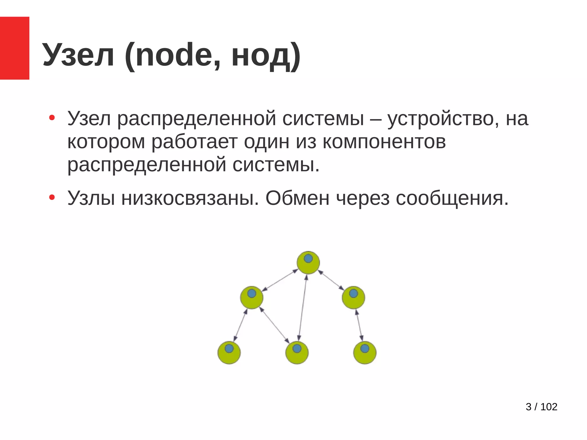 3 / 102
Узел (node, нод)
●
Узел распределенной системы – устройство, на
котором работает один из компонентов
распределенной системы.
●
Узлы низкосвязаны. Обмен через сообщения.
 