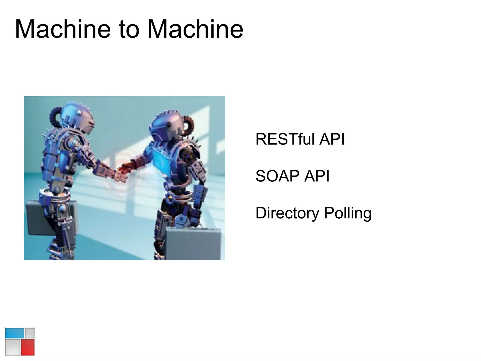 Machine to Machine



                     RESTful API

                     SOAP API

                     Directory Polling
 