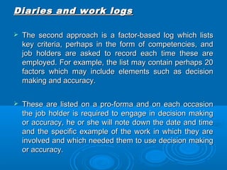 Diaries aanndd wwoorrkk llooggss 
 TThhee sseeccoonndd aapppprrooaacchh iiss aa ffaaccttoorr--bbaasseedd lloogg wwhhiicchh lliissttss 
kkeeyy ccrriitteerriiaa,, ppeerrhhaappss iinn tthhee ffoorrmm ooff ccoommppeetteenncciieess,, aanndd 
jjoobb hhoollddeerrss aarree aasskkeedd ttoo rreeccoorrdd eeaacchh ttiimmee tthheessee aarree 
eemmppllooyyeedd.. FFoorr eexxaammppllee,, tthhee lliisstt mmaayy ccoonnttaaiinn ppeerrhhaappss 2200 
ffaaccttoorrss wwhhiicchh mmaayy iinncclluuddee eelleemmeennttss ssuucchh aass ddeecciissiioonn 
mmaakkiinngg aanndd aaccccuurraaccyy.. 
 TThheessee aarree lliisstteedd oonn aa pprroo--ffoorrmmaa aanndd oonn eeaacchh ooccccaassiioonn 
tthhee jjoobb hhoollddeerr iiss rreeqquuiirreedd ttoo eennggaaggee iinn ddeecciissiioonn mmaakkiinngg 
oorr aaccccuurraaccyy,, hhee oorr sshhee wwiillll nnoottee ddoowwnn tthhee ddaattee aanndd ttiimmee 
aanndd tthhee ssppeecciiffiicc eexxaammppllee ooff tthhee wwoorrkk iinn wwhhiicchh tthheeyy aarree 
iinnvvoollvveedd aanndd wwhhiicchh nneeeeddeedd tthheemm ttoo uussee ddeecciissiioonn mmaakkiinngg 
oorr aaccccuurraaccyy.. 
 
