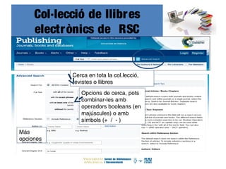 Col·lecció de llibres
electrònics de RSC
Cerca en tota la col.lecció,
revistes o llibres
Opcions de cerca, pots
combinar-les amb
operadors booleans (en
majúscules) o amb
símbols (+ / - )
Más
opciones
 
