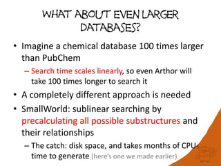 What about even larger
databases?
• Imagine a chemical database 100 times larger
than PubChem
– Search time scales linearly, so even Arthor will
take 100 times longer to search it
• A completely different approach is needed
• SmallWorld: sublinear searching by
precalculating all possible substructures and
their relationships
– The catch: disk space, and takes months of CPU-
time to generate (here’s one we made earlier)
 