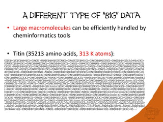 A different type of “Big” Data
• Large macromolecules can be efficiently handled by
cheminformatics tools
• Titin (35213 amino acids, 313 K atoms):
CC[C@H](C)[C@@H](C(=O)NCC(=O)N[C@@H](CCCCN)C(=O)N1CCC[C@H]1C(=O)N[C@@H](CO)C(=O)N[C@@H](Cc2c[nH]cn2)C(=
O)N3CCC[C@H]3C(=O)N[C@@H](CO)C(=O)N[C@@H](CCC(=O)O)C(=O)N4CCC[C@H]4C(=O)N[C@@H](C(C)C)C(=O)N[C@@H](CC(
C)C)C(=O)N[C@@H](C)C(=O)N[C@@H]([C@@H](C)CC)C(=O)N[C@@H](CC(=O)O)C(=O)N[C@@H](C)C(=O)N[C@@H](CS)C(=O)N[
C@@H](CCC(=O)O)C(=O)N5CCC[C@H]5C(=O)N6CCC[C@H]6C(=O)N[C@@H](CCCNC(=N)N)C(=O)N[C@@H](CC(=O)N)C(=O)N[C@
@H](C(C)C)C(=O)N[C@@H](CCCNC(=N)N)C(=O)N[C@@H]([C@@H](C)CC)C(=O)N[C@@H]([C@@H](C)O)C(=O)N[C@@H](CC(=O)
O)C(=O)N[C@@H]([C@@H](C)CC)C(=O)N[C@@H](CO)C(=O)N[C@@H](CCCCN)C(=O)N[C@@H](CC(=O)N)C(=O)N[C@@H](CO)C(=
O)N[C@@H](C(C)C)C(=O)N[C@@H](CC(=O)N)C(=O)N[C@@H](CC(C)C)C(=O)N[C@@H](CO)C(=O)N[C@@H](Cc7c[nH]c8c7cccc8)C(
=O)N[C@@H](CCC(=O)N)C(=O)N[C@@H](CCC(=O)N)C(=O)N9CCC[C@H]9C(=O)N[C@@H](C)C(=O)N[C@@H](Cc1ccccc1)C(=O)N[
C@@H](CC(=O)O)C(=O)NCC(=O)NCC(=O)N[C@@H](CO)C(=O)N[C@@H](CCCCN)C(=O)N[C@@H]([C@@H](C)CC)C(=O)N[C@@H](
[C@@H](C)O)C(=O)NCC(=O)N[C@@H](Cc1ccc(cc1)O)C(=O)N[C@@H]([C@@H](C)CC)C(=O)N[C@@H](C(C)C)C(=O)N[C@@H](CCC
(=O)O)C(=O)N[C@@H](CCCNC(=N)N)C(=O)N[C@@H](CCCNC(=N)N)C(=O)N[C@@H](CC(=O)O)C(=O)N[C@@H](CC(C)C)C(=O)N1C
CC[C@H]1C(=O)N[C@@H](CC(=O)O)C(=O)NCC(=O)N[C@@H](CCCNC(=N)N)C(=O)N[C@@H](Cc1c[nH]c2c1cccc2)C(=O)N[C@@H](
[C@@H](C)O)C(=O)N[C@@H](CCCCN)C(=O)N[C@@H](C)C(=O)N[C@@H](CO)C(=O)N[C@@H](Cc1ccccc1)C(=O)N[C@@H]([C@@H
](C)O)C(=O)N[C@@H](CC(=O)N)C(=O)N[C@@H](C(C)C)C(=O)N[C@@H]([C@@H](C)CC)C(=O)N[C@@H](CCC(=O)O)C(=O)N[C@@
H]([C@@H](C)O)C(=O)N[C@@H](CCC(=O)N)C(=O)N[C@@H](Cc1ccccc1)C(=O)N[C@@H]([C@@H](C)O)C(=O)N[C@@H](C(C)C)C(
=O)N[C@@H](CO)C(=O)NCC(=O)N[C@@H](CC(C)C)C(=O)N[C@@H]([C@@H](C)O)C(=O)N[C@@H](CCC(=O)N)C(=O)N[C@@H](CC
(=O)N)C(=O)N[C@@H](CO)C(=O)N[C@@H](CCC(=O)N)C(=O)N[C@@H](Cc1ccc(cc1)O)C(=O)N[C@@H](CCC(=O)O)C(=O)N[C@@H
](Cc1ccccc1)C(=O)N[C@@H](CCCNC(=N)N)C(=O)N[C@@H](C(C)C)C(=O)N[C@@H](Cc1ccccc1)C(=O)N[C@@H](C)C(=O)……
 
