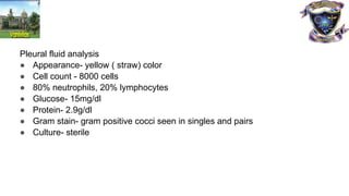 Pleural fluid analysis
● Appearance- yellow ( straw) color
● Cell count - 8000 cells
● 80% neutrophils, 20% lymphocytes
● Glucose- 15mg/dl
● Protein- 2.9g/dl
● Gram stain- gram positive cocci seen in singles and pairs
● Culture- sterile
 
