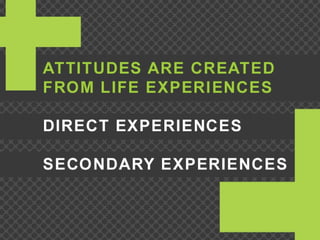 Attitudes are created from life experiences Direct Experiences Secondary Experiences