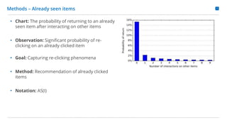 7
Methods – Already seen items
• Chart: The probability of returning to an already
seen item after interacting on other it...