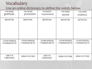 Vocabulary
Use an online dictionary to define the words below.
gratitude procession recommend sacred traditions
 