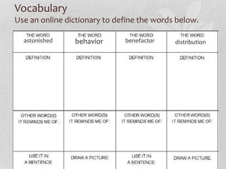 Vocabulary
Use an online dictionary to define the words below.
astonished behavior benefactor distribution
 