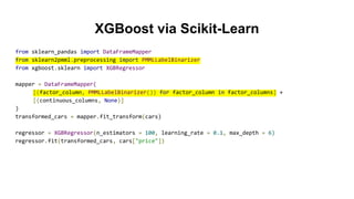 XGBoost via Scikit-Learn
from sklearn_pandas import DataFrameMapper
from sklearn2pmml.preprocessing import PMMLLabelBinarizer
from xgboost.sklearn import XGBRegressor
mapper = DataFrameMapper(
[(factor_column, PMMLLabelBinarizer()) for factor_column in factor_columns] +
[(continuous_columns, None)]
)
transformed_cars = mapper.fit_transform(cars)
regressor = XGBRegressor(n_estimators = 100, learning_rate = 0.1, max_depth = 6)
regressor.fit(transformed_cars, cars["price"])
 