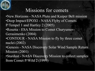 Missions for comets
•New Horizons - NASA Pluto and Kuiper Belt mission
•Deep Impact/EPOXI - NASA Flyby of Comets
P/Tempel 1 and Hartley 2 (2005)
•Rosetta - ESA Mission to Comet Churyumov-
Gerasimenko (2004)
•CONTOUR - NASA Mission to fly by three comet
nuclei (2002)
•Genesis - NASA Discovery Solar Wind Sample Return
Mission (2001)
•Stardust - NASA Discovery Mission to collect samples
from Comet P/Wild 2 (1999)
 