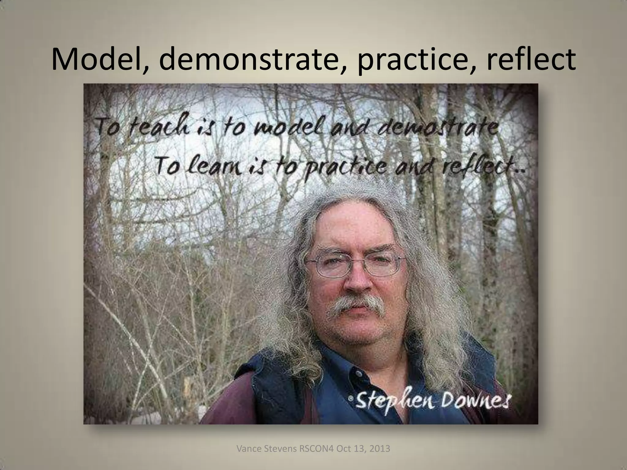 Model, demonstrate, practice, reflect

Vance Stevens RSCON4 Oct 13, 2013

21

 