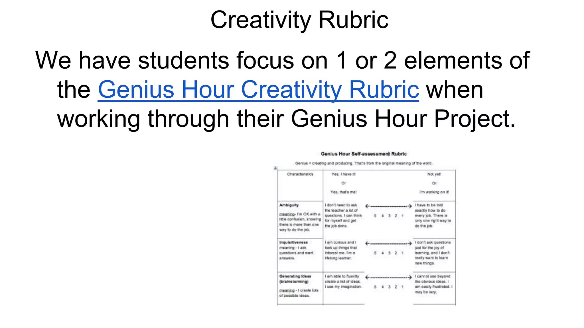 Creativity Rubric
We have students focus on 1 or 2 elements of
the Genius Hour Creativity Rubric when
working through their Genius Hour Project.

 