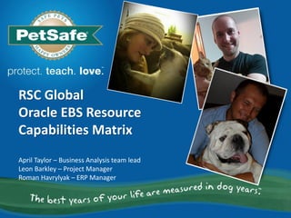 RSC Global
Oracle EBS Resource
Capabilities Matrix
April Taylor – Business Analysis team lead
Leon Barkley – Project Manager
Roman Havrylyak – ERP Manager
 