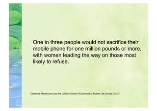 One in three people would not sacrifice their
  mobile phone for one million pounds or more,
  with women leading the way on those most
  likely to refuse.




Carphone Warehouse and the London School of Economics: Mobile Life Survey (2007)
 