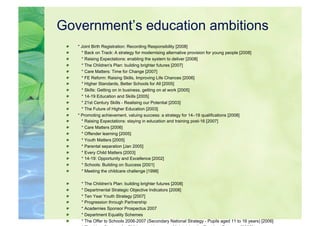 Government’s education ambitions
 
       * Joint Birth Registration: Recording Responsibility [2008]
 
         * Back on Track: A strategy for modernising alternative provision for young people [2008]
 
         * Raising Expectations: enabling the system to deliver [2008]
 
         * The Children's Plan: building brighter futures [2007]
 
         * Care Matters: Time for Change [2007]
 
         * FE Reform: Raising Skills, Improving Life Chances [2006]
 
         * Higher Standards, Better Schools for All [2005]
 
         * Skills: Getting on in business, getting on at work [2005]
 
         * 14-19 Education and Skills [2005]
 
         * 21st Century Skills - Realising our Potential [2003]
 
         * The Future of Higher Education [2003]
 
       * Promoting achievement, valuing success: a strategy for 14–19 qualifications [2008]
 
         * Raising Expectations: staying in education and training post-16 [2007]
 
         * Care Matters [2006]
 
         * Offender learning [2005]
 
         * Youth Matters [2005]
 
         * Parental separation [Jan 2005]
 
         * Every Child Matters [2003]
 
         * 14-19: Opportunity and Excellence [2002]
 
         * Schools: Building on Success [2001]
 
         * Meeting the childcare challenge [1998]

 
        * The Children's Plan: building brighter futures [2008]
 
        * Departmental Strategic Objective Indicators [2008]
 
        * Ten Year Youth Strategy [2007]
 
        * Progression through Partnership
 
        * Academies Sponsor Prospectus 2007
 
        * Department Equality Schemes
 
        * The Offer to Schools 2006-2007 (Secondary National Strategy - Pupils aged 11 to 16 years) [2006]
 