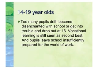 14-19 year olds

  Too many pupils drift, become
   disenchanted with school or get into
   trouble and drop out at 16. Vocational
   learning is still seen as second best.
   And pupils leave school insufficiently
   prepared for the world of work.
 