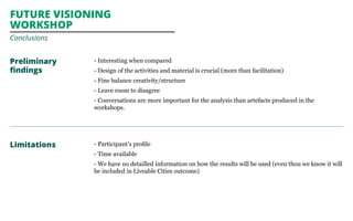 Future visioning 
workshop 
Conclusions 
Preliminary 
findings 
Limitations 
- Interesting when compared 
- Design of the ...