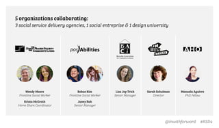 Lisa Joy Trick
Senior Manager
Sarah Schulman
Director
Bobae Kim
Frontline Social Worker
Janey Roh
Senior Manager
Wendy Moore
Frontline Social Worker
Krista McGrath
Home Share Coordinator
Manuela Aguirre
PhD Fellow
5 organizations collaborating:
3 social service delivery agencies, 1 social entreprise & 1 design university
@inwithforward #RSD4
 