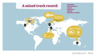 CA
US
NL
UK
AU
HomelessSMS developed at TACSI (2010-2012)
developed at participle
(2008-2010)
CA
#disability
#homelessness
#youth
#addiction
#family
#domestic violence
HomelessSMS
A mixed track record:
@inwithforward #RSD4
 