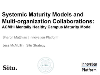 Systemic Maturity Models and
Multi-organization Collaborations:
ACMHI Mentally Healthy Campus Maturity Model
Sharon Matthias | Innovation Platform
Jess McMullin | Situ Strategy
1
 