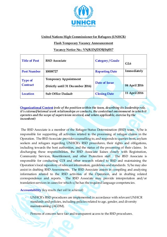 refugee status determination rsd associate g6 dadaab unhcr refugee application form