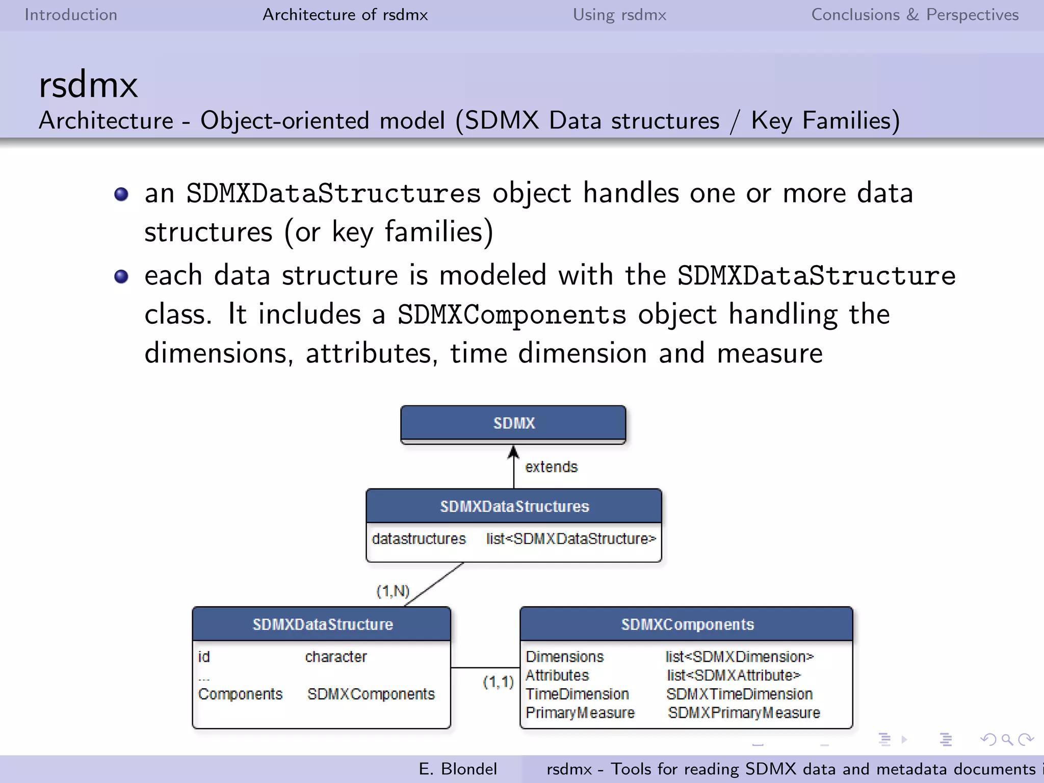 Introduction Architecture of rsdmx Using rsdmx Conclusions & Perspectives
rsdmx
Architecture - Object-oriented model (SDMX Concepts)
an SDMXConcepts object handles concepts either through
concepts or conceptSchemes (depending on the SDMX
version)
each concept is modeled with the SDMXConcept class
E. Blondel rsdmx - Tools for reading SDMX data and metadata documents i
 