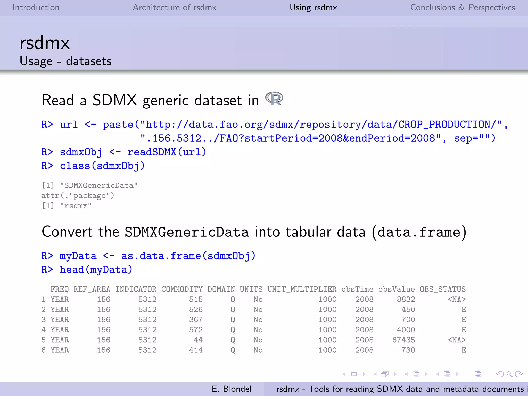 Introduction Architecture of rsdmx Using rsdmx Conclusions & Perspectives
Outline
1 Introduction
2 Architecture of rsdmx
3 Using rsdmx
4 Conclusions & Perspectives
E. Blondel rsdmx - Tools for reading SDMX data and metadata documents i
 