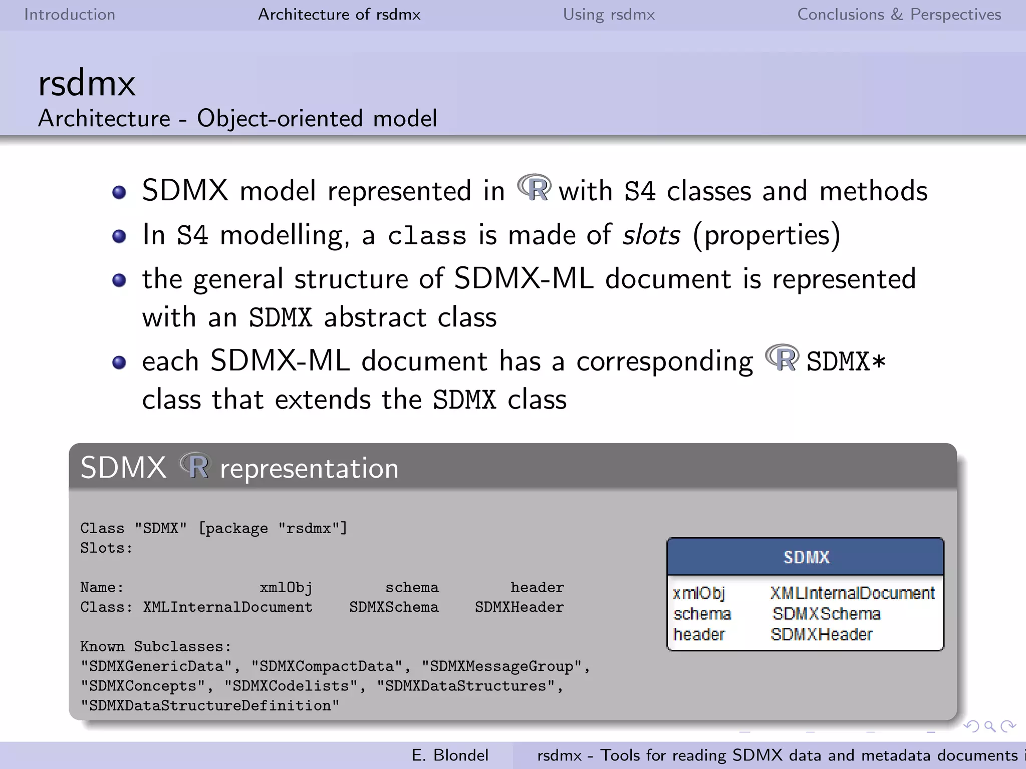 Introduction Architecture of rsdmx Using rsdmx Conclusions & Perspectives
rsdmx
Introduction
a single readSDMX
function, with a large
bandwidth of use:
”raw”approach (read
from url or ﬁle)
”helping”approach (read
from a list of well-known
service providers, with
no need to specify the
entire request)
a set of generic methods to
convert SDMX data into
tabular data (data.frame)
E. Blondel rsdmx - Tools for reading SDMX data and metadata documents i
 