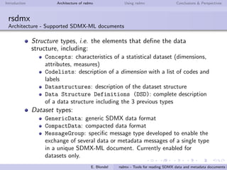 Introduction Architecture of rsdmx Using rsdmx Conclusions & Perspectives
Outline
1 Introduction
2 Architecture of rsdmx
3 Using rsdmx
4 Conclusions & Perspectives
E. Blondel rsdmx - Tools for reading SDMX data and metadata documents i
 