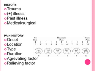 HISTORY-
Trauma
(+) illness
Past illness
Medical/surgical
PAIN HISTORY-
Onset
Location
Type
Duration
Agrevating factor
Relieving factor
 